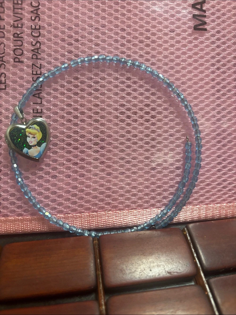 Vintage Blue Beaded kids choker with Cinderella Heart locket Charm.